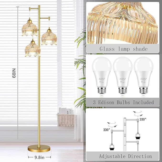Glass Floor Lamp for Living Room,Bedroom,Mid Century Modern Standing Lamp Black Tree 3 Light Tall Floor Lamps Vintage Retro Floor Lights Green Lamp Shade Farmhouse Boho Bohemian