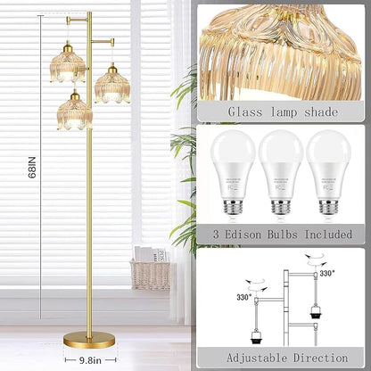 Gold Floor Lamp for Living Room,Bedroom,Mid Century Modern Standing Lamp Brass Tree 3 Light Tall Floor Lamps Vintage Retro Floor Lights Glass Amber Flower Lamp Shade Farmhouse Boho Bohemian