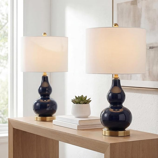 JONATHAN Y JYL1028F-SET2 20.5" Navy and Gold Glass Gourd Table Lamp Set of 2, Modern Glam Bedside Nightstand Lamps for Bedroom, Living Room, Office, End Table with White Linen Drum Shade