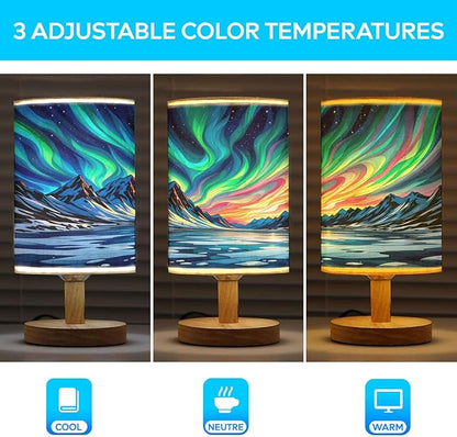 Aurora Night in The Polar Region Table Lamp LED 3-Color Pressed Bedside, Aurora Night in The Polar Region Shade Lamp with Wood Base for Bedroom Living Room Desk Office TL01