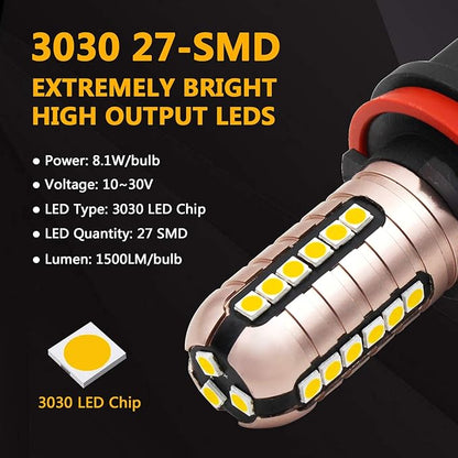 PHINLION 3000 Lumens Golden Yellow H11 LED Fog Light Bulbs Super Bright 3030 27-SMD H8 H16 LED Bulb Replacement for DRL or Fog Lamps, 3000K Yellow