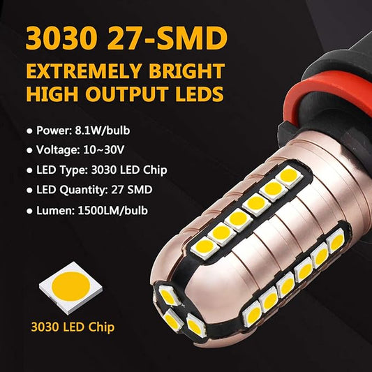 PHINLION 3000 Lumens Golden Yellow H11 LED Fog Light Bulbs Super Bright 3030 27-SMD H8 H16 LED Bulb Replacement for DRL or Fog Lamps, 3000K Yellow