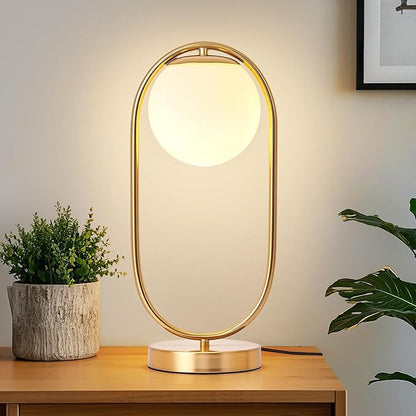 NKU Mid-Century Modern Glass Globe Table Lamp with LED - Luxury Bedside Night Light for Bedroom, Boho Vintage Style for Farmhouse & Office Desk