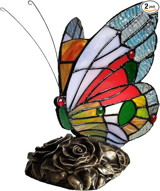 Bedside Tiffany Table Lamp LED Blue Red Butterfly Stained Glass Nightstand Table Lamps ON Off Switch Home Office Desk Lamp Night Light Girl Grandma Mothers Day Gifts W/Gift Box
