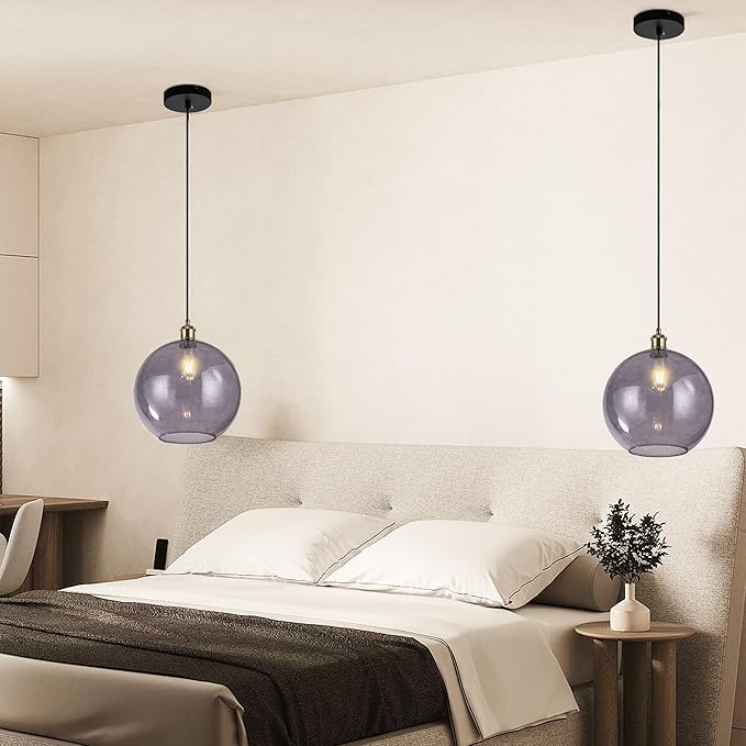 Grey Glass Pendant Lights Kitchen Island Lighting Globe Pendant Light Fixtures Modern Kitchen Island Lighting for Dining Room Bedroom -9.8inch