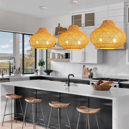 2-Light Rattan Pendant Light,14.96" Hanging Light,Round Wicker Pendant Light Hand-Woven Rattan Chandelier for Workplace Dining Living Bedroom Kitchen Farmhouse