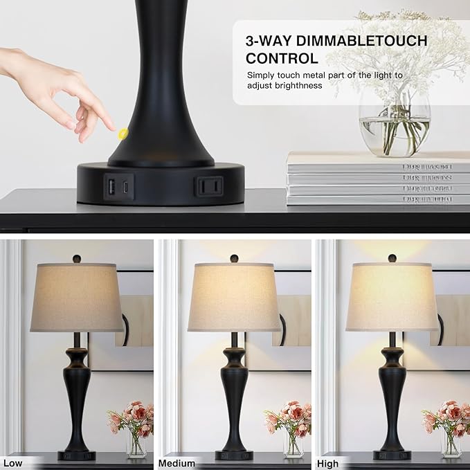 30 Inch Black Table Lamp Single, 3-Way Dimmable Touch Control Living Room Lamps with USB A+C Ports and AC Outlet, Tall Bedside Lamps for Nightstand, Modern Metal Bedroom Lamp, Bulb Included