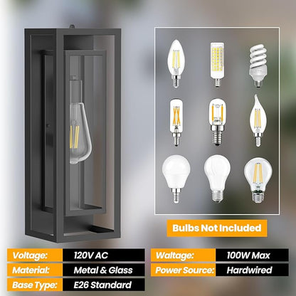 AIBISDO 18In Large Dusk to Dawn Outdoor Wall Light -2 Pack, Waterproof Outdoor Garage Lighting Fixtures with Clear Glass Shade, Auto On/Off Porch Light for Patio, Garage, Front Door（Black）