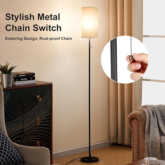 Floor Lamps for Living Room Bedroom - 3 Color Temperature Black Floor Lamp Set of 2, Modern Standing Lamps with Pull Chain Switch Beige Shade, Tall Lamp for Corner Office(2 Pack)