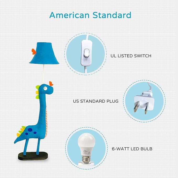 Kids Floor Lamp, Blue Dinosaur Design 50 Inch Modern Floor Lamp for Bedroom, Hand-Stitched Toy Standing Lamp for Living Room, Package Come with an E26 LED Bulb