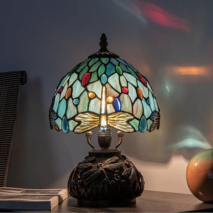Tiffany Style Stained Glass Mushroom Bedside Table Lamp 8-inch Green Blue Dragonfly Beautiful Shade Nightstand Light for Bedroom Dorm Living Hallway Coffee Table Home Office Housewarming Gift