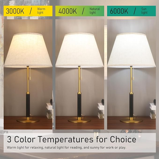 26.4" Living Room Modern Table Lamp Bedside Lamps for Bedroom 3-Color Temperatures Pull Chain Switch Nightstand Lamp for End Tables Wood Fabric for Home/Office/Desk Decor (Light Brown+Brass)