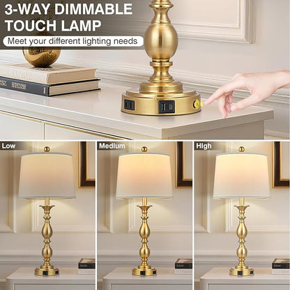 28" Tall Modern Table Lamps Set of 2 with USB A+C Ports and AC Outlet, 3 Way Touch Metal Bedside Lamps for Bedroom, Gold Farmhouse Nightstand Lamps for Living Room