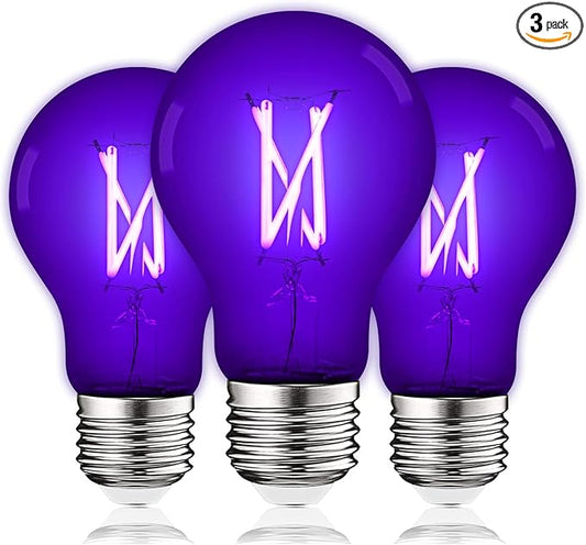 Luxrite A19 Edison UV LED Black Light Bulb, 6W Filament Blacklight Bulb, UVA 397-407nm, Enclosed Fixture Rated, E26 Base, Glow in the Dark for Halloween, Party, Body Paint, Fluorescent Poster (3 Pack)