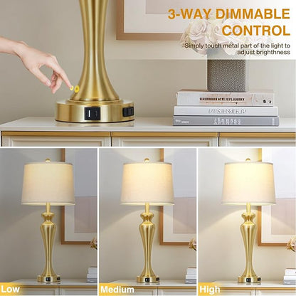 30" Gold Table Lamps Set of 2, 3-Way Dimmable Touch Lamps for Nightstand with USB A+C Ports and AC Outlet, Tall Bed Side Lamp for Living Room, Modern Brass Lamp for Bedroom Side End Table