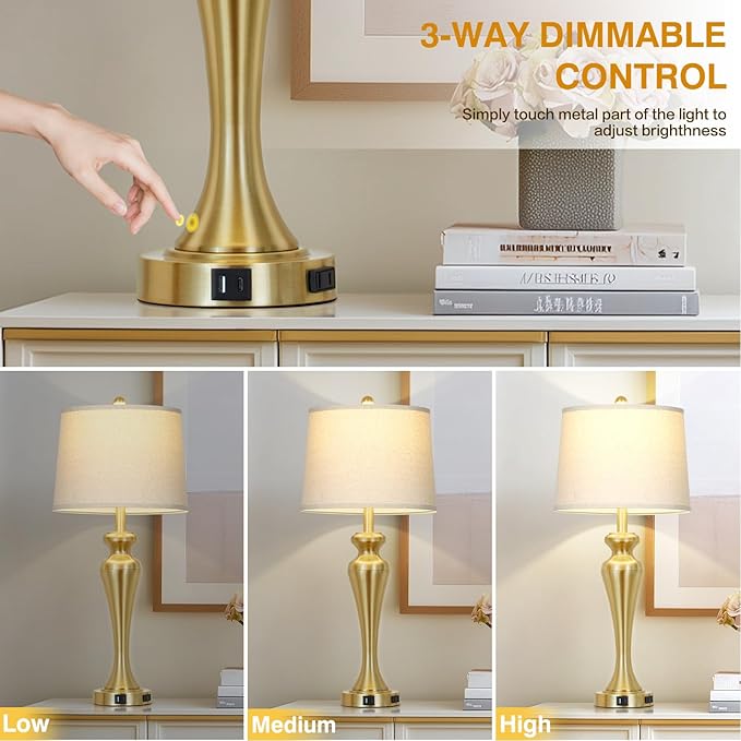 30 Inch Gold Table Lamp Single, 3-Way Dimmable Touch Lamp for Nightstand with USB A+C Ports and AC Outlet, Tall Bed Side Lamps for Living Room, Modern Brass Lamps for Bedroom Side End Table