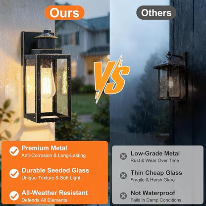BesLowe 2-Pack Dusk to Dawn Outdoor Wall Lights, Modern Porch Lights Outdoor Sconces with Seeded Glass, Exterior Lighting Fixtures, Outside Lights for House Front Door Garage, Black with Gold Trim