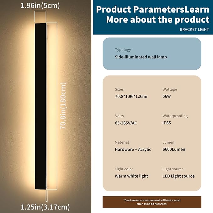 Modern Outdoor Wall Light, 71inch LED Wall Sconce, 3000K Warm White, IP65 Waterproof Exterior Lighting, AC 85-265V, Black Aluminium, Minimalist Long Wall Lamp for Patio, Garage, Yard