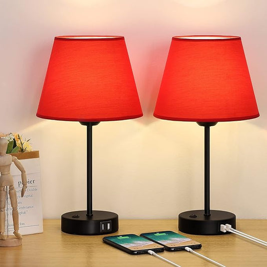 Table Lamps for Bedroom Set of 2, USB Bedside Lamps with Red Fabric Shade, Nightstand Lamps for Bedroom Living Room Study Room Office