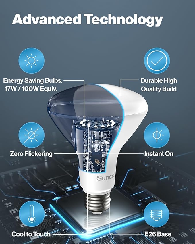Sunco 12 Pack BR40 LED Light Bulbs, Indoor Flood Lights, Recessed Can Light Bulb, 1400 LM, 17W (100W Equivalent), 2700K Soft White, Dimmable, E26 Base, for Home, Bedroom, Kitchen UL.