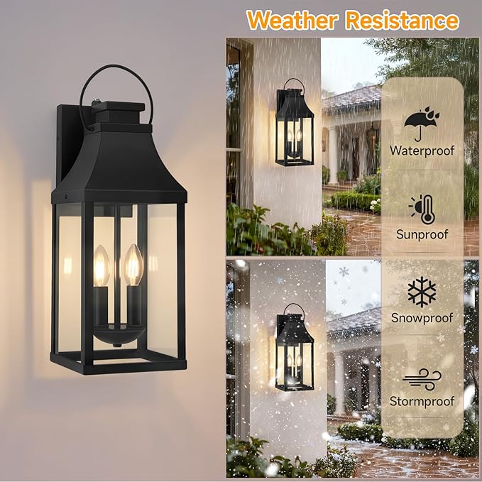 tewei Dusk to Dawn Outdoor Lighting Fixture, 20'' Large Porch Lights Outdoor Sconce Lights, 2-Light Black Exterior Lights for House Waterproof Outside Patio Lanterns for House Garage, 2-Pack