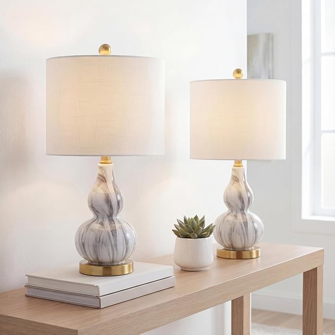 JONATHAN Y JYL1028D-SET2 20.5" Black and White Marbleized Glass Gourd Table Lamp Set of 2, Modern Glam Bedside Nightstand Lamps for Bedroom, Living Room, Office, End Table with White Linen Drum Shade