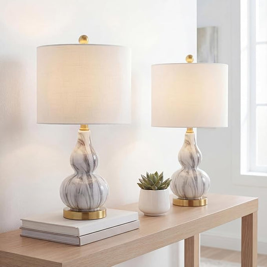 JONATHAN Y JYL1028D-SET2 20.5" Black and White Marbleized Glass Gourd Table Lamp Set of 2, Modern Glam Bedside Nightstand Lamps for Bedroom, Living Room, Office, End Table with White Linen Drum Shade