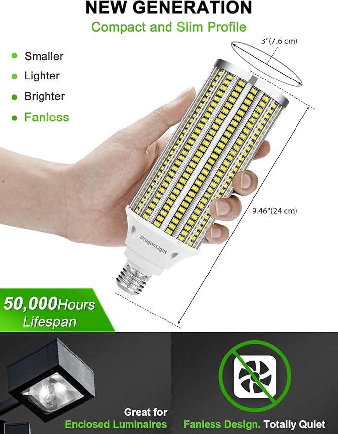 DragonLight 80W Super Bright LED Corn Light Bulbs (600 Watt Equivalent) - E26/E39 Large Mogul Base LED Lamp 5000K Daylight 9,600 Lumens for High Bay Area Lighting, Pack of 2