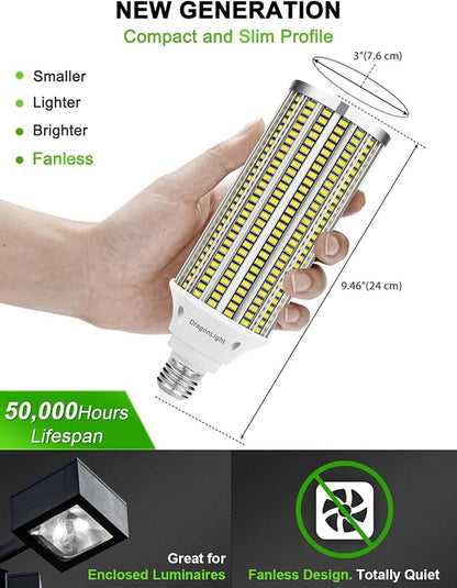 DragonLight 80W Super Bright LED Corn Light Bulbs (600 Watt Equivalent) - E26/E39 Large Mogul Base LED Lamp 5000K Daylight 9,600 Lumens for High Bay Area Lighting, Pack of 2