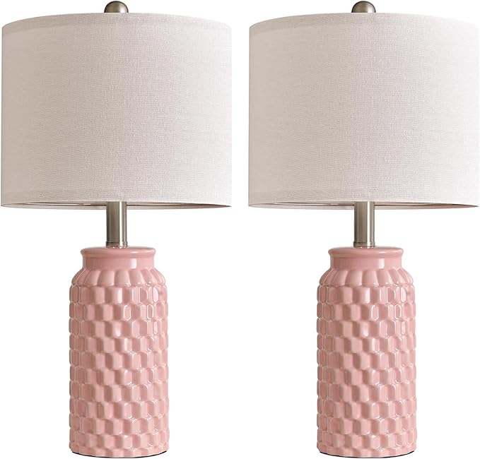 20.5" Set of 2 Bedside Table Lamps Modern Pink Honeycomb Ceramic - Linen Shade, E26 Knob Switch for Living Room, Bedroom & Nightstand