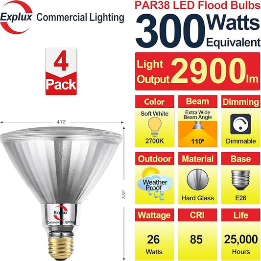 Explux 300 Watt Equivalent PAR38 LED Flood Light Bulbs, Ultra Bright 2900 Lumens, Dimmable, Full-Glass Outdoor Waterproof & Anti-Ageing, 2700K Soft White Spotlight, 4-Pack