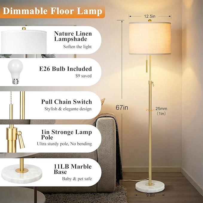 【Upgrade】Gold Floor Lamps for Living Room, 55"-67" Height Adjustable Modern Standing Lamp with Marble Base, Pull Chain Switch, 3-Way Dimmable Tall Pole Lamp for Bedroom Office Reading, Bulb Included