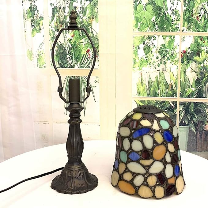 Bieye L10729 Colored Cobblestone Tiffany Style Stained Glass Table Lamp with 6-inch Wide Lampshade, Multi-Colored, 15 inch Tall