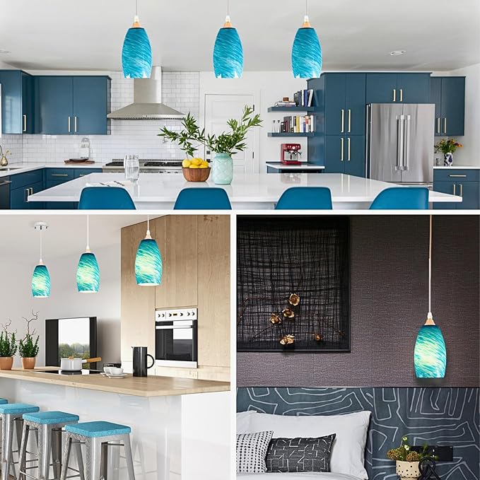 GO&SO 2 Pack Blue Pendant Light Shade Replacement,Hand-Blown Fluid Flow Texture, 7.8"H Oval Fixture,1.57" Fitter, E26 Base, for Hanging Light Fixtures & Mini Chandelier & Pendant Lights Kitchen Island