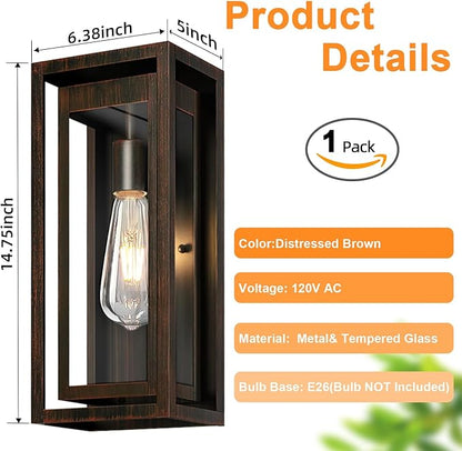 15" Large Outdoor Light Fixture Wall Mount, Distressed Brown Outdoor Sconce Lights, Modern Waterproof Exterior Porch Lights with Clear Glass Shade for Front Door, Garage, 1 Pack