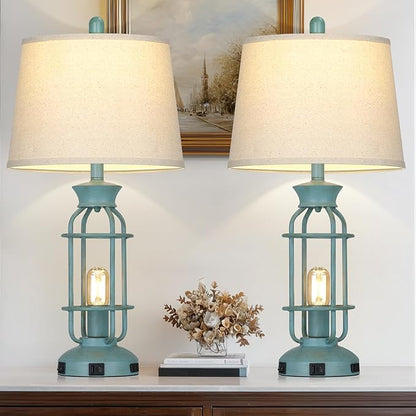Farmhouse Table lamps for Living Room, 28" Tall Vintage Industrial Table Lamp with USB C+A Ports & Outlet, Rustic Bedside Lamps with 2 Nightlight & Linen Fabric Shade for Nightstand Bedrooms Desk Blue