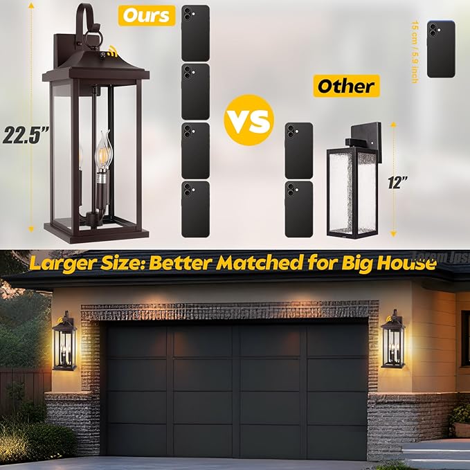 2-Pack 23” Dusk to Dawn Outdoor Light Fixtures Oil Rubbed Bronze 3-Light, Extra Large Exterior Lighting Photocell Sensor Vintage Brown Outdoor Wall Lanterns Porch Lights Garage, E12