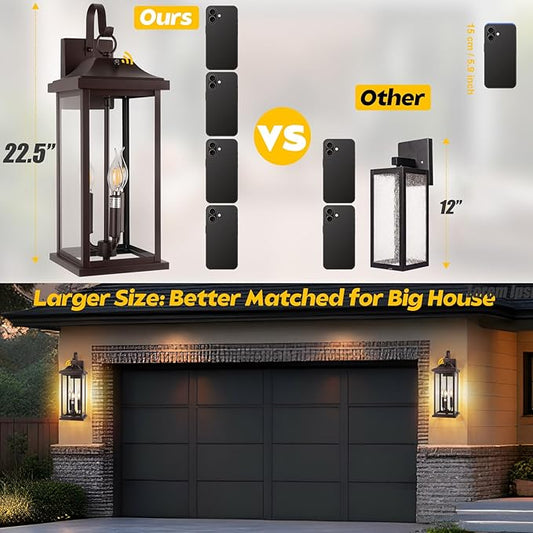 2-Pack 23” Dusk to Dawn Outdoor Light Fixtures Oil Rubbed Bronze 3-Light, Extra Large Exterior Lighting Photocell Sensor Vintage Brown Outdoor Wall Lanterns Porch Lights Garage, E12