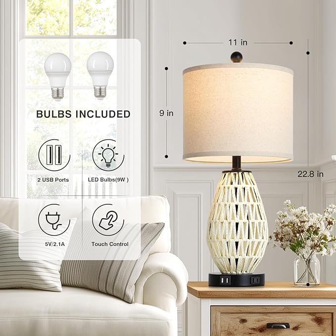 Touch Control Rattan Table Lamps, 3 Way Dimmable Bedside Lamps for Bedroom Set of 2 with 2 USB Ports and AC Outlet, Wicker Nightstand Lamps for Living Room (LED Bulbs Included), White