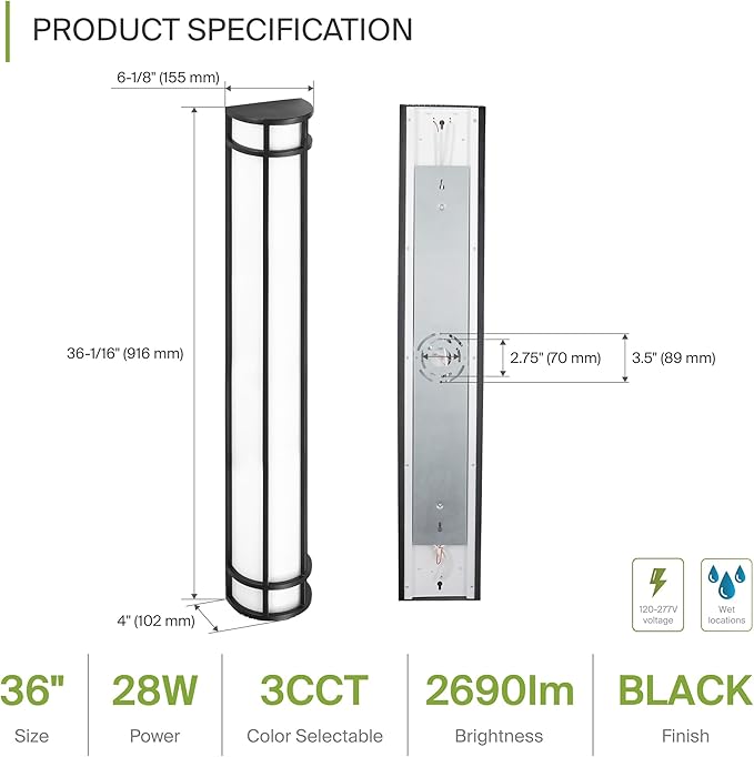 ASD LED 36" Half Cylinder Wall Light Fixture, Outdoor Patio Sconce | 3CCT, Stainless Steel, Waterproof, Energy Star, ETL Listed | 28W 2500LM 3000-5000K 100-277V | Exterior Lighting | Black, 4 Pack