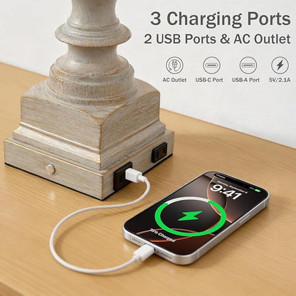 30“ Set of 2 Farmhouse Table Lamps with USB A+C & AC Outlet, Vintage Bedroom Touch Bedside Lamp Nightstand Traditional Side Table Lamp for Living Room Office