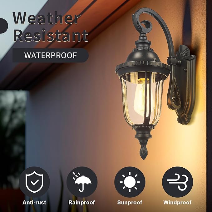 Outdoor Wall Light Fixture Black Porch Lights Outside Wall Mounted Lighting Clear Glass Shades Exterior Waterproof Lanterns Modern Outdoor Wall Sconces for Home, Yard, Patio