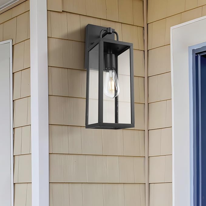 Outdoor Wall Sconce Lights, 16 Inch Tall Transitional Exterior Wall Light Fixtures with Clear Glass, Anti-Rust Modern Black Outside Lanterns Lamps for House Front Porch Doorway Patio, 2 Pack
