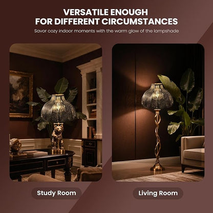 ALUCSET Octagonal Large Lampshade, Lotus Shaped Etched Forest Metal Lamp Shade Replacement for Table and Floor Light Cover, Antique Bronze and Gold, 6" Top x 17" Bottom x 11" High Large Lampshades