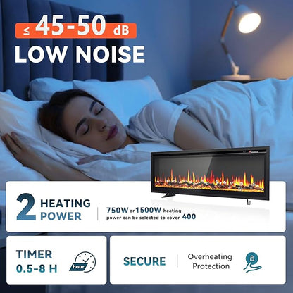 EUHOMY 50 Inch Electric Fireplace Recessed Wall Mounted Freestanding with Remote Control, Ultra-thin Fireplace Heater with Adjustable Flame Color, Linear Fireplace with Timer, Log & Crystal, 750/1500W