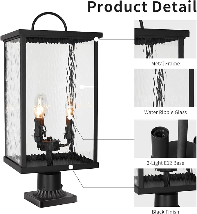 23" Large Outdoor Post Light Fixture, Modern Black Pole Lantern with Water Ripple Glass, Farmhouse Post Cap Lamp with E12 Sockets for Garden, Pathway, Courtyard, Porch, Driveway, Street