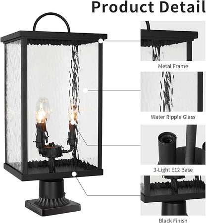23" Large Outdoor Post Light Fixture, Modern Black Pole Lantern with Water Ripple Glass, Farmhouse Post Cap Lamp with E12 Sockets for Garden, Pathway, Courtyard, Porch, Driveway, Street