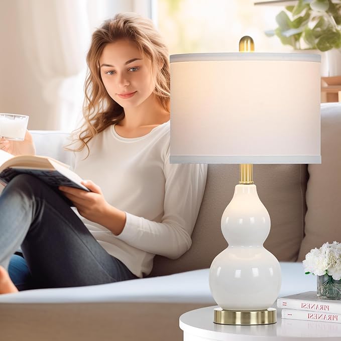 Double Gourd Ceramic Table Lamps Set of 2, Modern White Bedside Lamps for Night Stand, Contemporary Nightstand Lamps for Bedroom Living Room (Bulb Included)