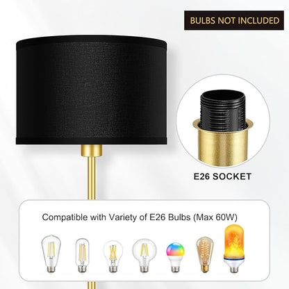 Gold Floor Lamps for Living Room, Modern Bright Standing Lamp, Black Lamp Shades, Foot Switch, Simple Pole Lamps Corner Lamp for Bedroom,Office, Living Room, Den, Black Living Room Lamp(No Bulb)