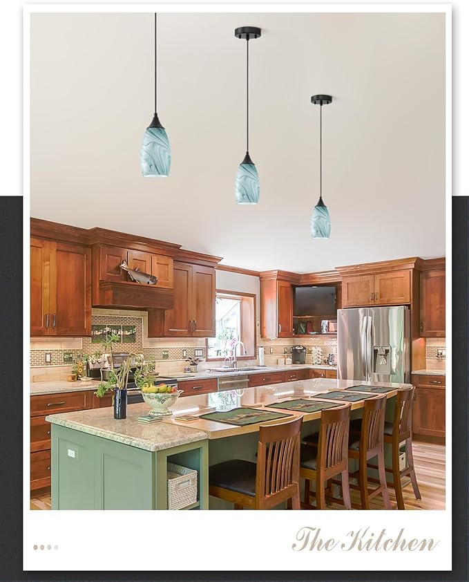 ANYLOVE Vintage Art White-Green Stripe Pendant Lighting,1-Pack Hand Glass Hanging Light Fixture,Adjustable Cord for Kitchen,Hallway,Dining Room
